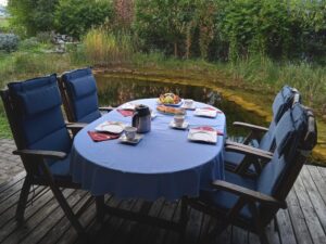 Gedeckter Terrassentisch mit Schwimmteich